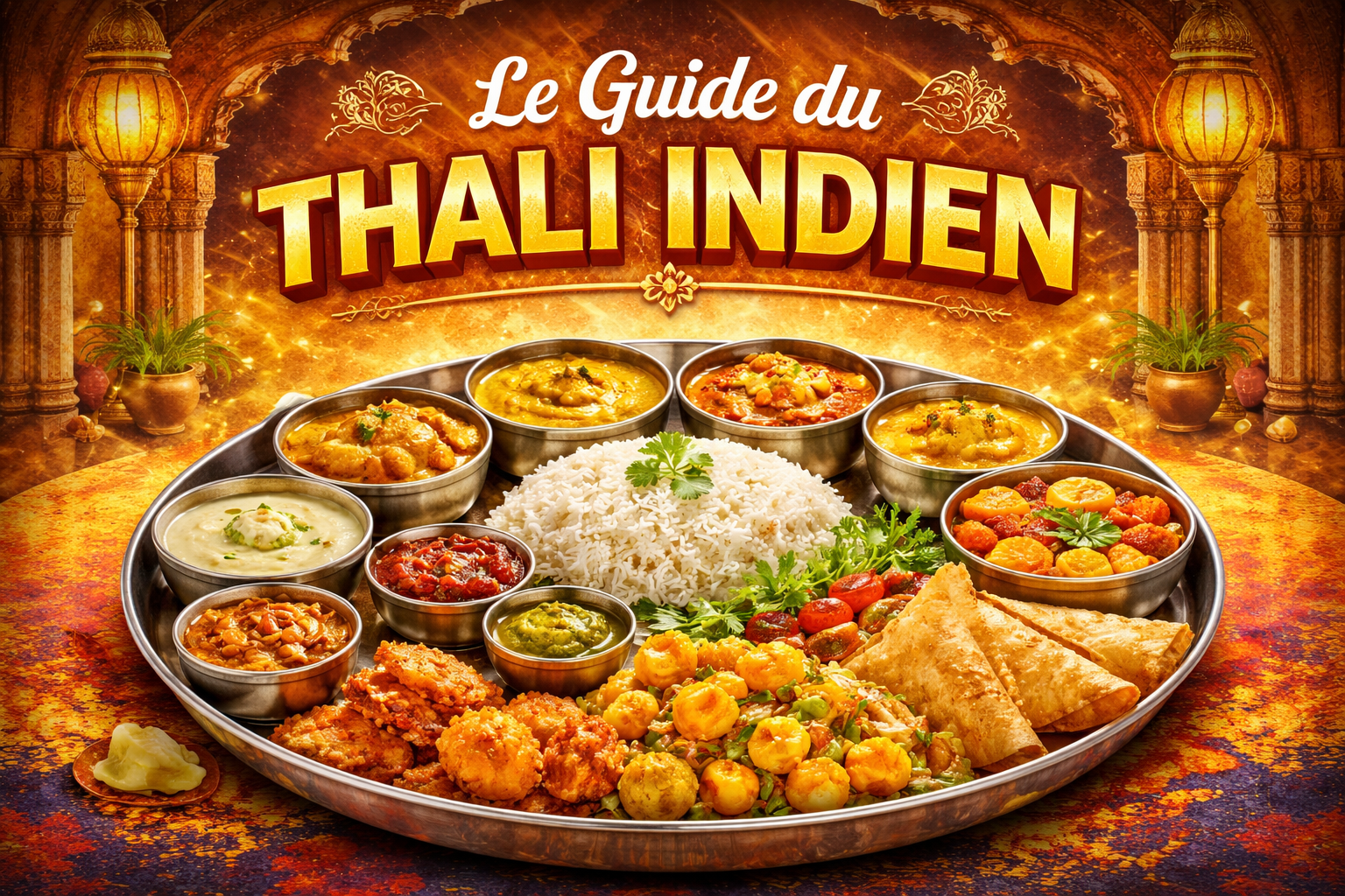 Un grand plateau Thali en métal avec divers bols de currys et de riz, le meilleur Thali indien à Paris.