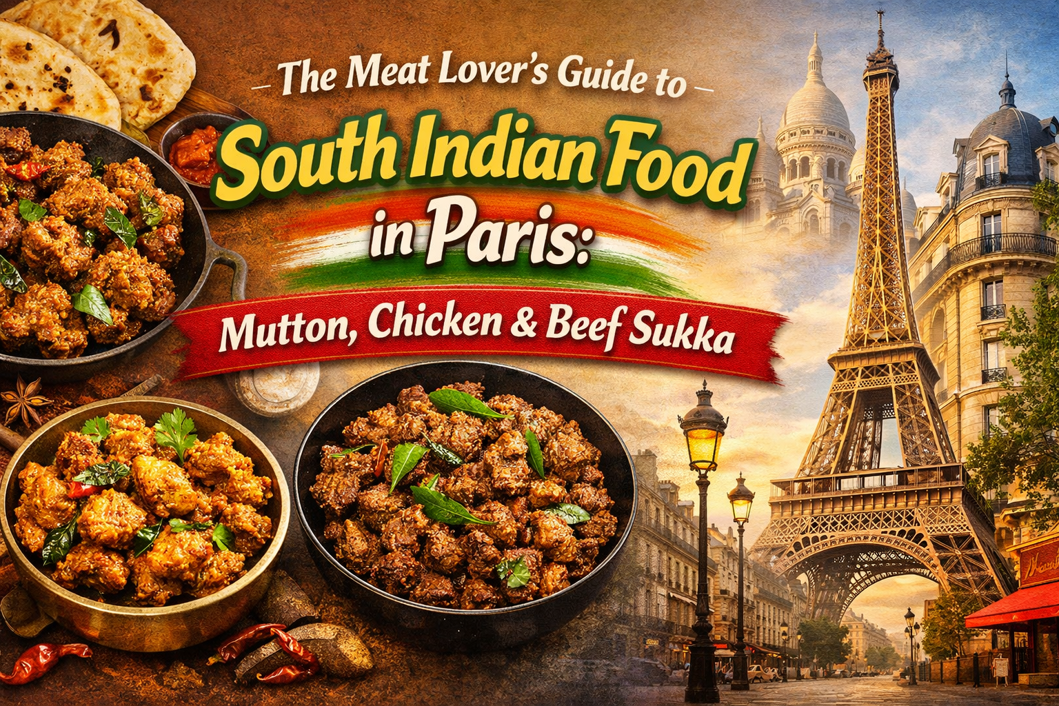 Une assiette de Mutton Sukka épicé avec des feuilles de curry et des oignons caramélisés chez Best of India, restaurant indien Paris.